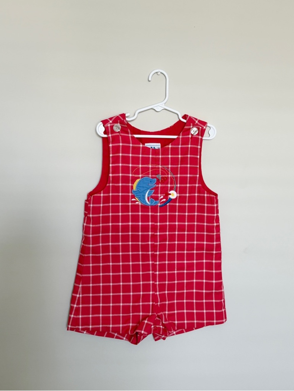 Red and White Plaid Sleeveless Romper with Embroidered Whale